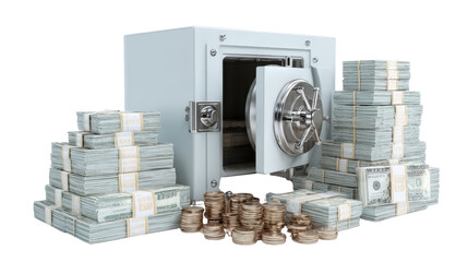 3D concept of financial protection with a secure safe and visible money stacks, isolated on a Transparent background, PNG file.