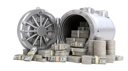 3D concept of financial protection with a secure safe and visible money stacks, isolated on a Transparent background, PNG file.