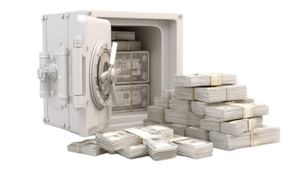 3D concept of financial protection with a secure safe and visible money stacks, isolated on a Transparent background, PNG file.