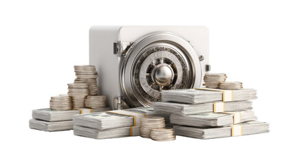 3D concept of financial protection with a secure safe and visible money stacks, isolated on a Transparent background, PNG file.