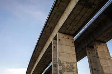 Concrete highway bridge structure against blue sky