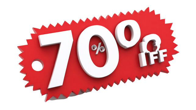 3D discount label with jagged edges and "70% OFF" text, isolated on a Transparent background, PNG file.