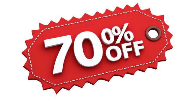 3D discount label with jagged edges and "70% OFF" text, isolated on a Transparent background, PNG file.