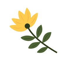 Whimsical pink flower with green leaves and tiny blue bud, ideal for playful, garden, or spring designs.

