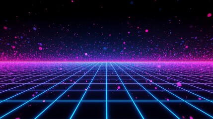 Digital Horizon: A captivating neon gridscape in shades of electric blue and vibrant pink unfolds, drawing the eye toward a distant horizon where the sky is painted with stars and mystery. 