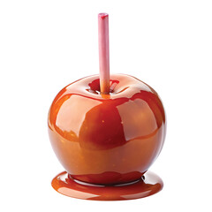Caramel Apple with Stick: Glossy caramel-covered red apple on pink stick, clean light and vivid color reflection, PNG cut out.