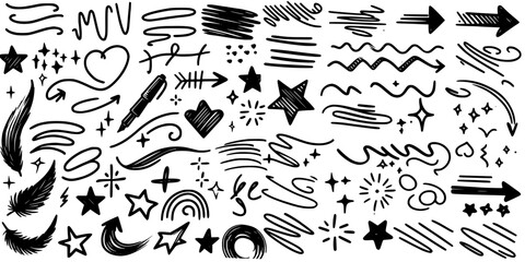 Playful Marks: Hearts, Stars, and Scribbles, A playful arrangement of sketchy icons, from pencils to stars and squiggles