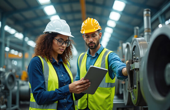 Man, woman engineers with safety helmets review tablet data on factory floor. Inspect large metal machinery, discussing production process near industrial equipment. Professionals collaborate, check