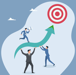 Flat vector illustration of business teamwork lifting an upward arrow towards a target, symbolizing growth, motivation, and goal achievement