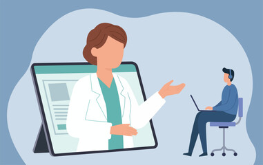 A flat vector illustration of a telemedicine session: a doctor on a large screen gesturing to a seated patient using a laptop with headphones
