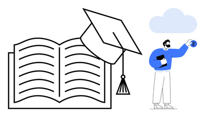 Open book with graduation cap symbolizing learning and achievement. Person with books and a glowing knowledge symbol. Ideal for education, research, learning, ambition, success, inspiration, simple