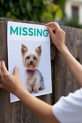 迷子犬の捜索ポスターを貼る人とヨークシャーテリア
