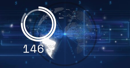 Displaying digital globe with ring overlay showing 146 at dashboard, with glowing circuit pathways