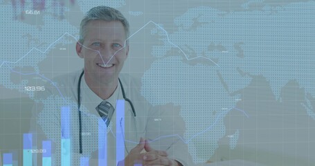 Male physician analyzing bar and line charts in clinic with stethoscope and world map overlay