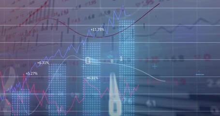 Displaying financial bar charts and line graphs showing market trends at office, with percentages