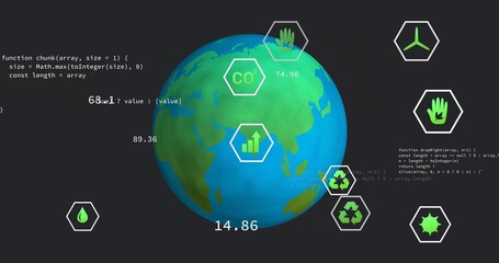 Displaying 3D globe rotating on virtual UI, featuring hex icons, climate metrics and code snippets