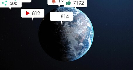 Fototapeta premium Displaying planet Earth rotating in space with share icon and notification counters 812,19,7192,814