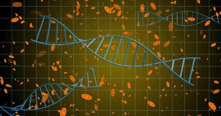 Floating large blue DNA helix extending across abstract biotech interface, with orange coin tokens