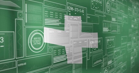 Displaying data panels intersecting plus symbol on green interface, showing numerical readouts