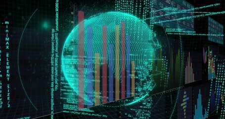 Floating 3D wireframe globe rotating in virtual grid plane, with bar charts and interface panels