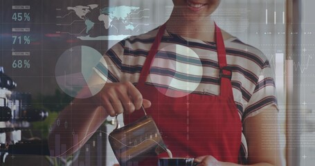 Pouring milk into cup, barista in red apron at coffee counter, with steel pitcher, data overlays