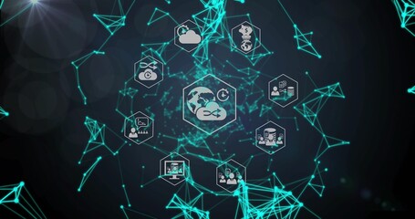 Showing central globe icon in teal network, illustrating cloud, server, analytics, finance, backup