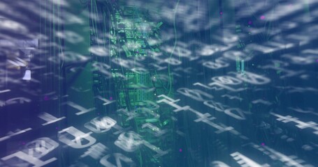 Streaming code symbols over rack with green-lit circuit boards and network cables in data center