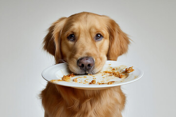 皿をくわえて待つゴールデンレトリバー
