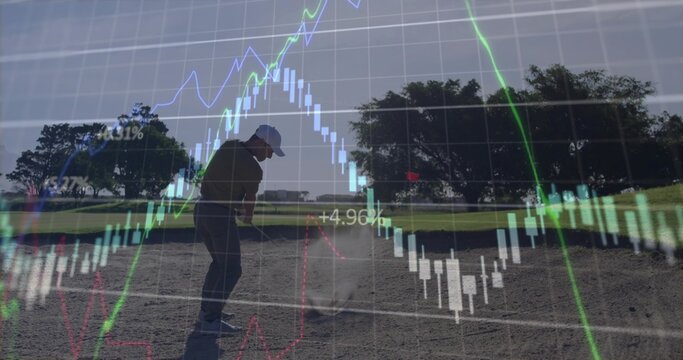 Positioning golfer in golf attire swinging club toward ball in sand bunker, with chart overlay - Powered by Adobe