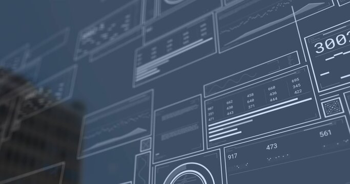 Digital interface panels displaying data views in AR environment, with line graphs numeric tables - Powered by Adobe