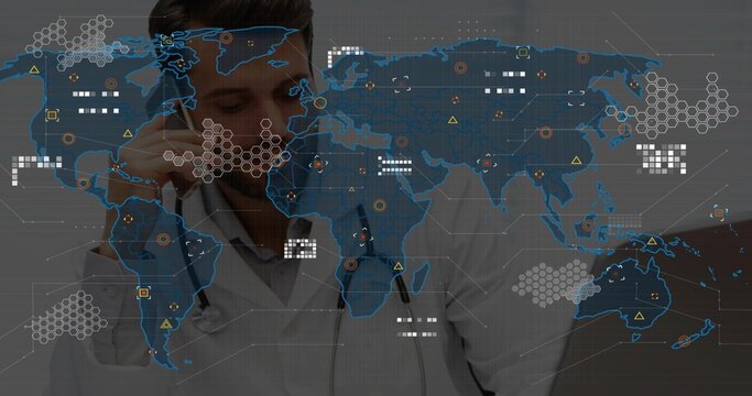 Phoning doctor wearing lab coat, stethoscope at clinic desk, world map overlay showing data markers - Powered by Adobe