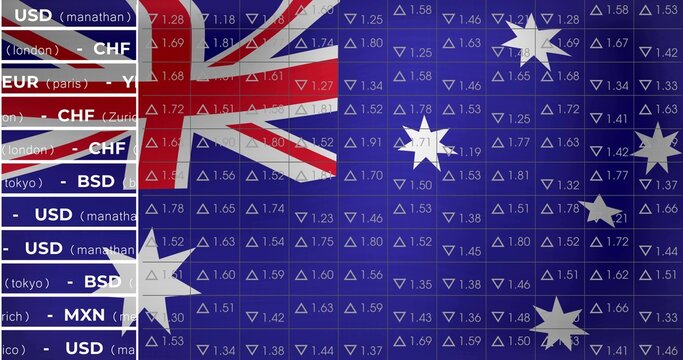 Naklejki Displaying Australian flag graphic over virtual trading screen, with currency list and trend arrows
