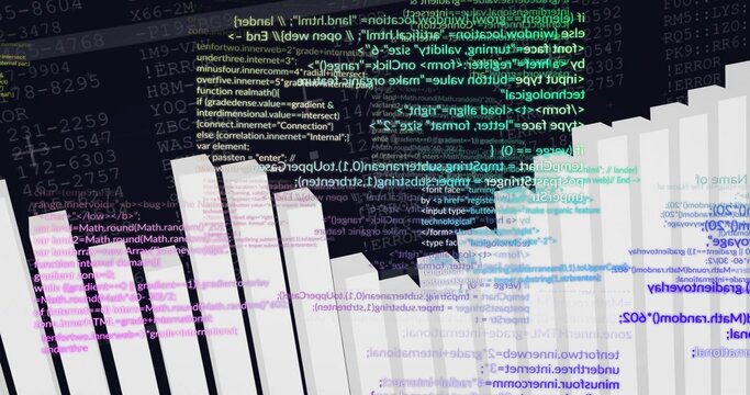 Rendering data visualization in grid, with white 3D bars colored code snippets and numeric strings