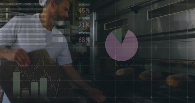 Baker in white shirt placing loaves onto oven racks in bakery, with digital charts, copy space - Powered by Adobe
