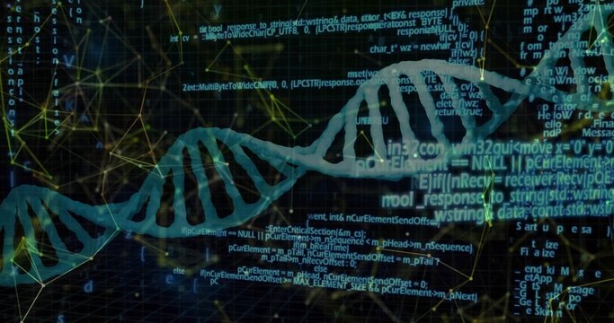 Displaying glowing DNA helix twisting through virtual code and network graph in digital interface - Powered by Adobe