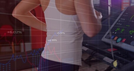 Running adult female in sportswear on gym treadmill, showing console, overlaying performance graphs