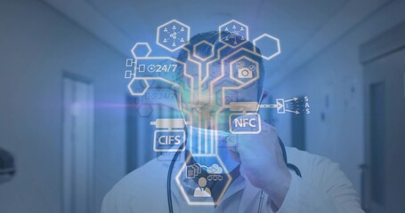 Adjusting eyeglasses doctor in lab coat analyzing network in hallway, with stethoscope, hex icons