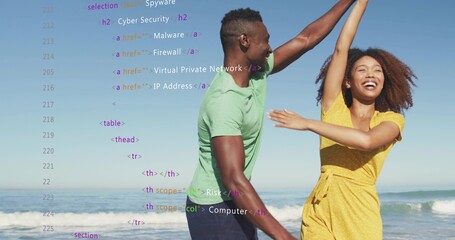 Dancing couple wearing beachwear holding hands at beach shoreline, with floating HTML code snippets