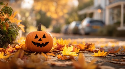 Carved jack o lantern rests among bright autumn foliage on residential street