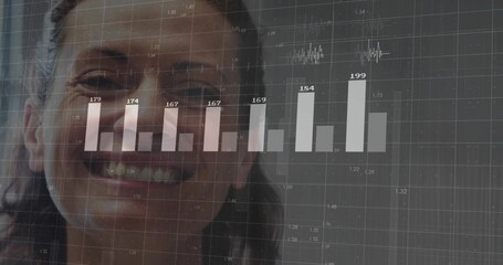 Displaying smiling woman's face on office dashboard with bar chart line graph and number overlays