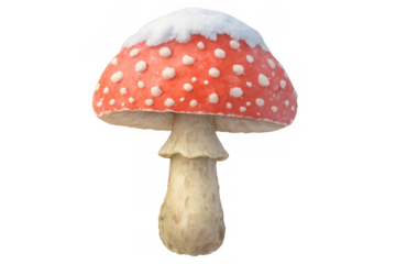 Fly agaric mushroom with red cap and white spots, winter snow covering top, a toadstool on transparent background