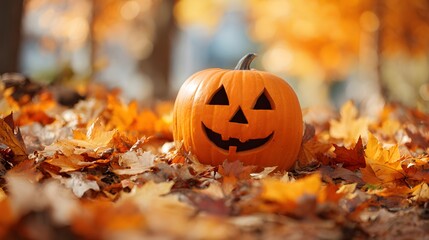 Carved smiling gourd rests among vibrant orange autumn foliage outdoors