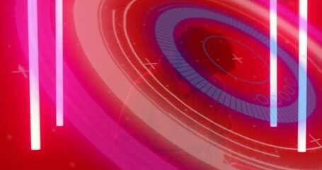 Circular interface displaying radial markers, numeric indicators and bars in control panel