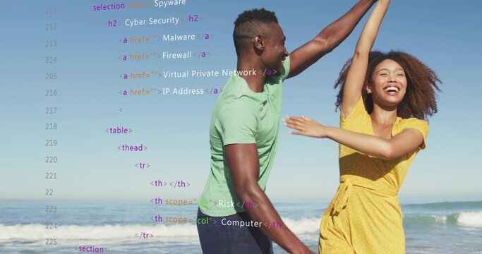 Dancing couple wearing beachwear holding hands at beach shoreline, with floating HTML code snippets - Powered by Adobe