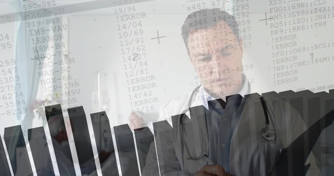 Standing doctor analyzing digital error codes in office, with stethoscope, bar graphs, copy space - Powered by Adobe