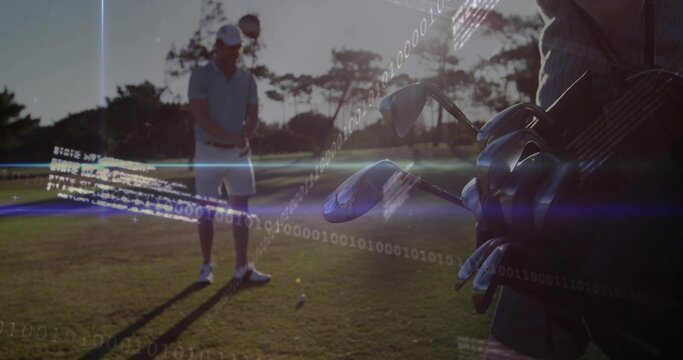 Golfer lining up swing with ball on golf course tee, bag, clubs, binary overlay, copy space