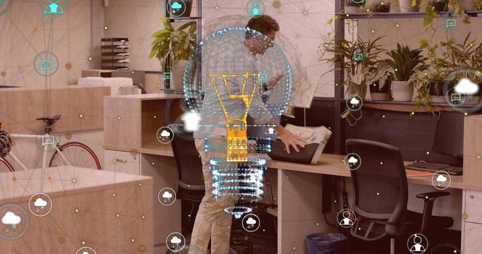 Office worker wearing shirt adjusting laptop bag in cubicle, with bicycle and network icons