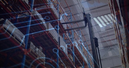 Displaying shelving racks holding boxes in warehouse, with forklift and circuit overlay, copy space