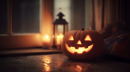 Fototapeta premium Illuminated carved pumpkin sits glowing warmly indoors near a window at night