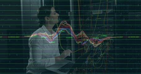 IT technician wearing white shirt adjusting Ethernet cables in server room, with laptop, overlays